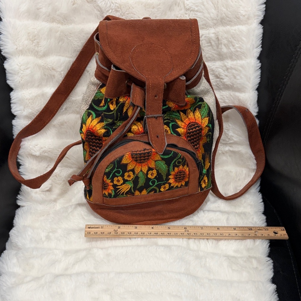 Brown Floral Embroidered Backpack
